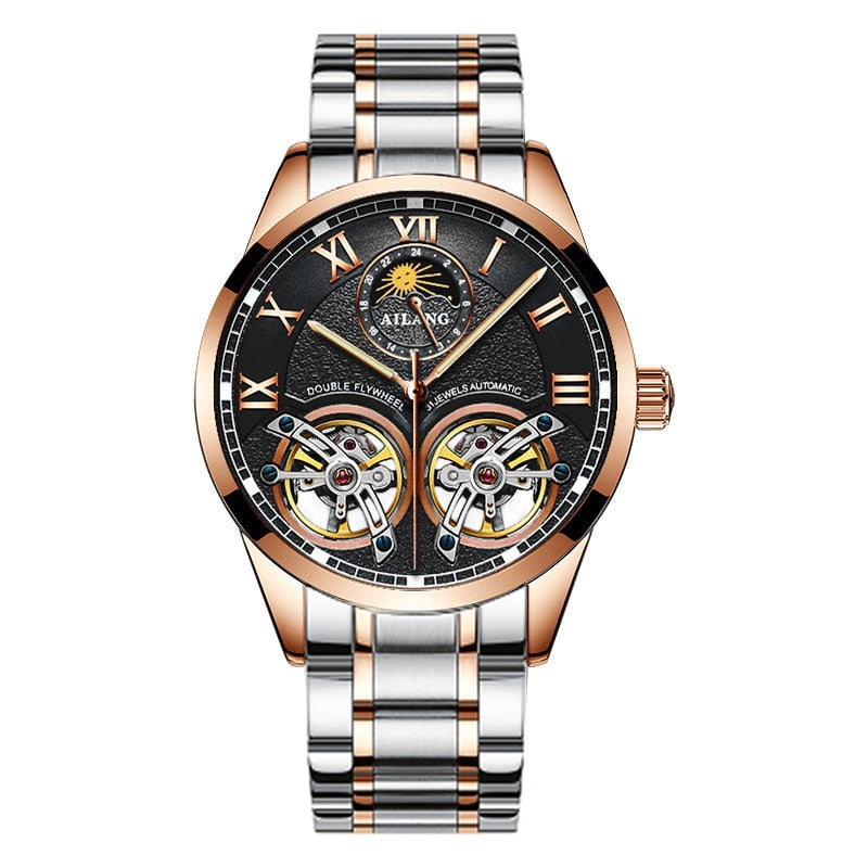 AILANG Original Design men&#39;s Double Flywheel Automatic Mechanical Watch Fashion Leisure Business Luxury Clock