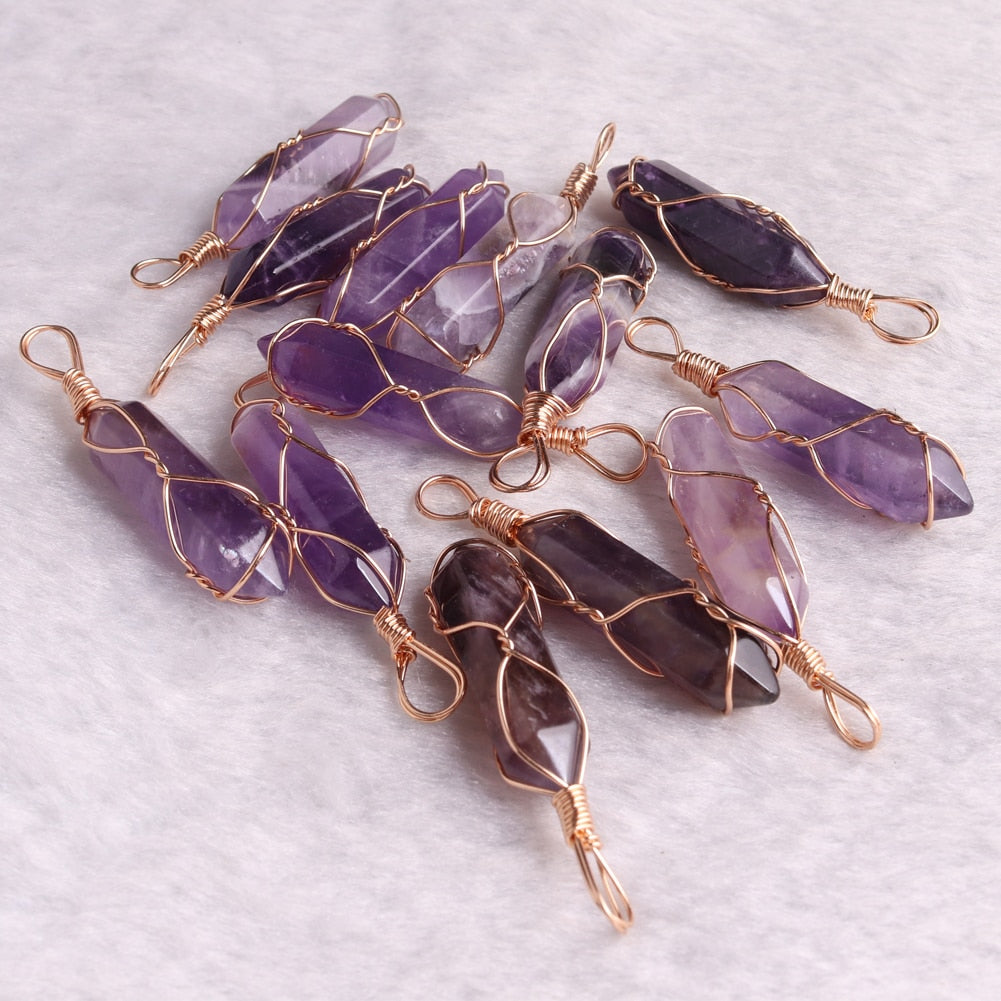 50PCS High Quality Crystal Hexagonal Pendants Fashion Jewelry Pendants Natural Amethysts Wire Winding Beads Healing Pendulum