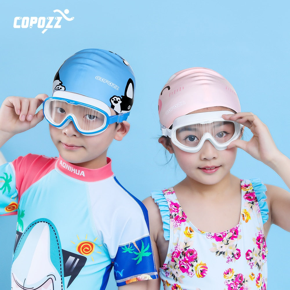COPOZZ Kids swimming caps Cartoon Cute pig cat for Boys&amp;Girls Elastic Waterproof Ear Protection 4-12y Swim Pool Hat one size