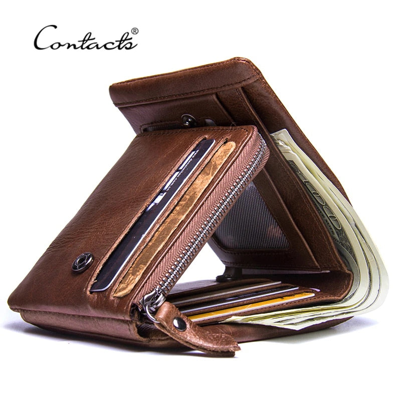 CONTACT&#39;S Genuine Crazy Horse Leather Men Wallets Vintage Trifold Wallet Zip Coin Pocket Purse Cowhide Leather Wallet For Mens