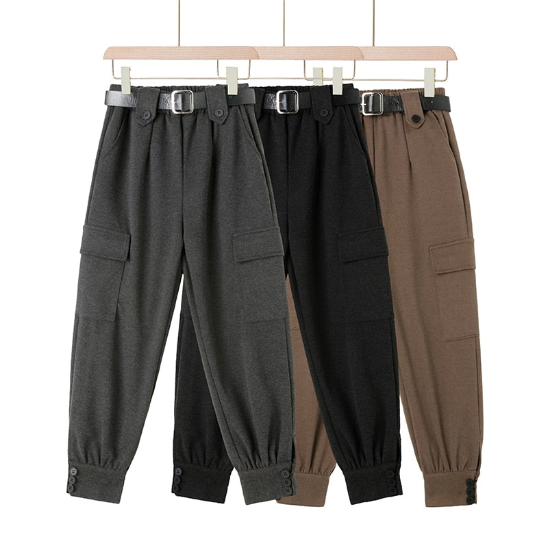 2022 Streetwear Cargo Pants Women Harajuku Winter Woolen Warm Ladies Trousers Stretch High Waist Harem Pants Gray Black Khaki