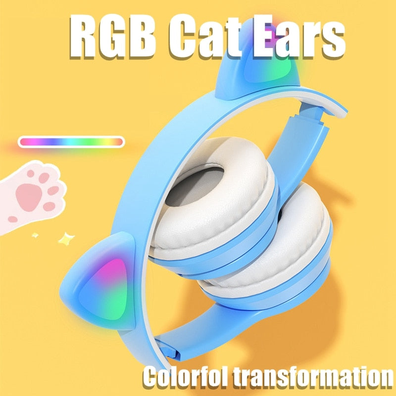 Pink Girl Wireless Headphones RGB Cute Cat Ears Headset With Microphone Noise Cancelling Kid Stereo Music casco Children&#39;s Gifts