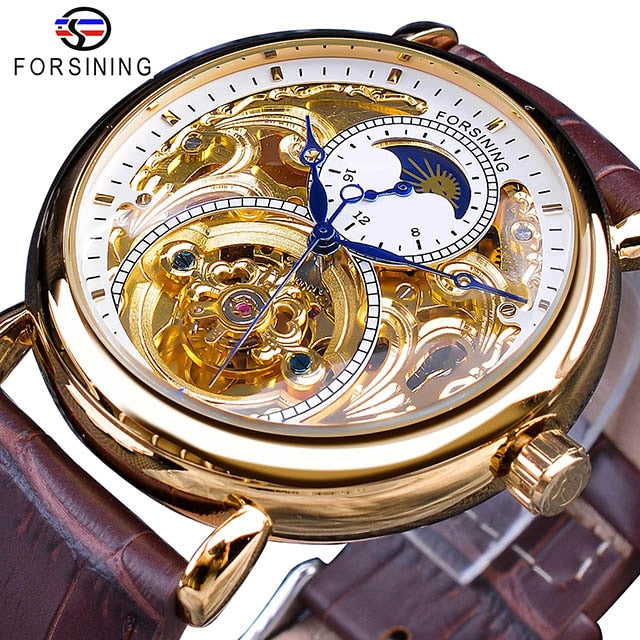 Forsining 2018 Royal Golden Skeleton Display Blue Hands Brown Genuine Leather Belt Mens