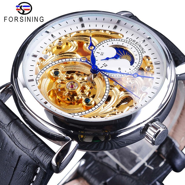 Forsining 2018 Royal Golden Skeleton Display Blue Hands Brown Genuine Leather Belt Mens