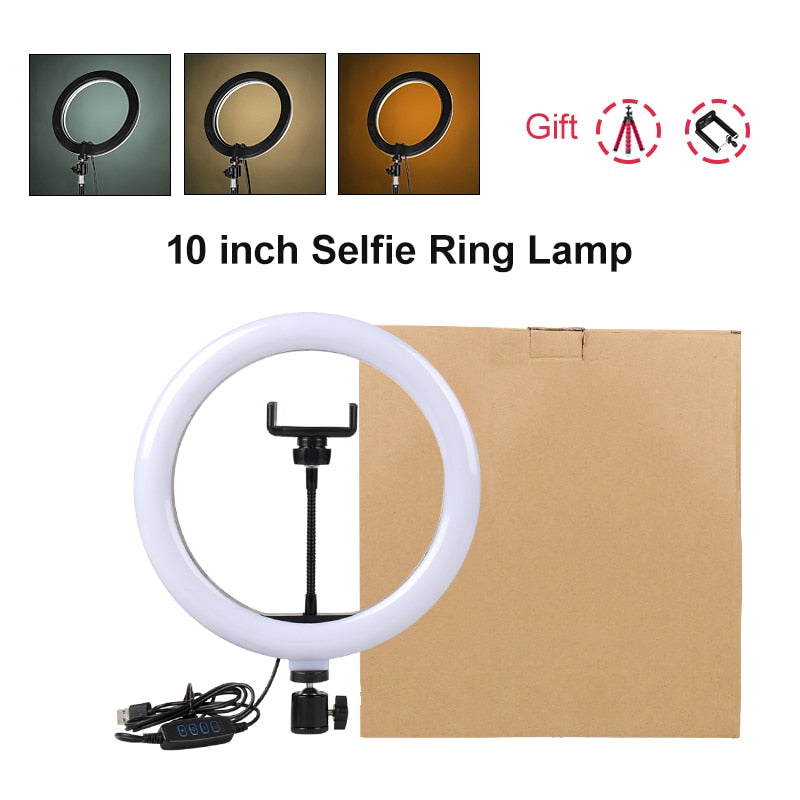 PYNSSEU 26cm LED Ring Light with 1.1/1.6/2.0M RGB lamp Stand Dimmable 10&quot; Selfie Ring Lamp with Phone Clip for Youtube Makeup