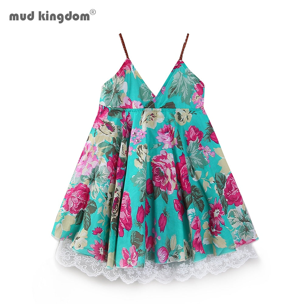 Mudkingdom Boutique Floral Girls Dresses Summer Holiday Girl Spaghetti Strap Dress Beach Flower Chiffon Summer Kids Clothes