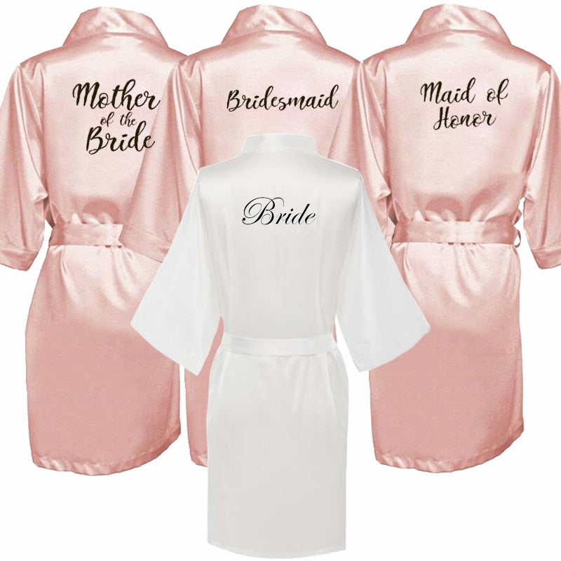 new bride bridesmaid robe with white black letters mother sister of the bride wedding gift bathrobe kimono satin robes