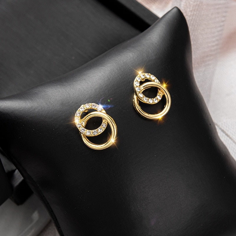 2021 Korean Simple Double Circle Gold Color Metal Rhinestone Drop Earrings For Women Fashion Small Pendientes Jewelry Gifts