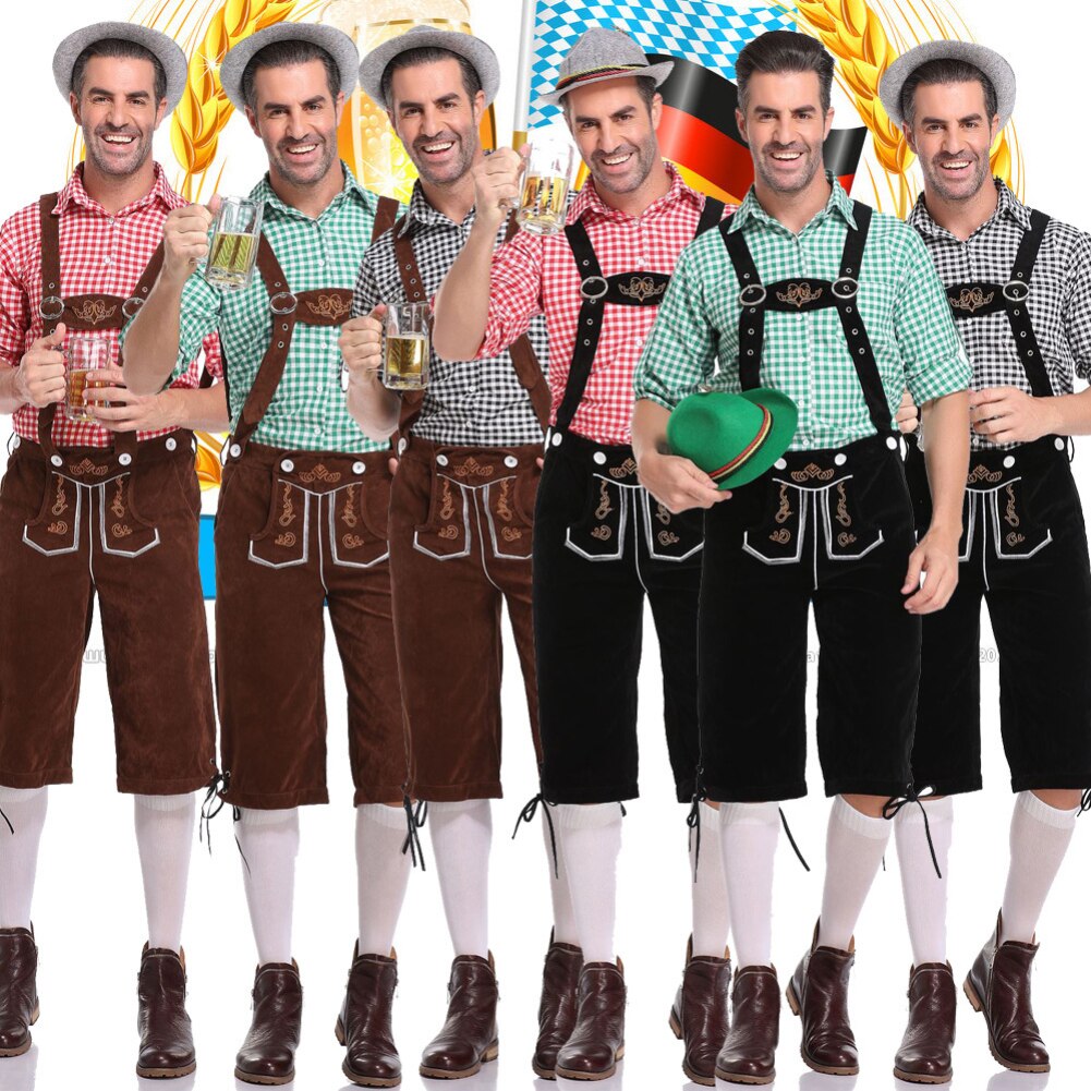 Traditional German Oktoberfest Man's Beer Costume Red Gray Plaid Shirt Embroidered Straps Halloween Carnival Party Cosplay Set