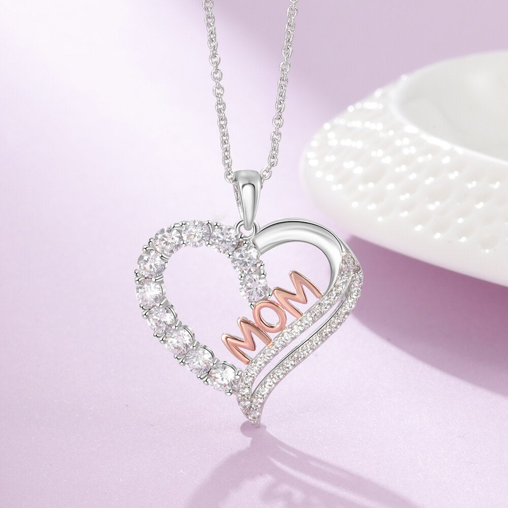 Genuine 925 Sterling Silver Women Necklaces Letter MOM Heart Shape CZ Necklaces Mother&#39;s Day Gift Fine Jewelry (Lam Hub Fong)