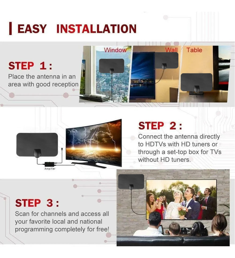 Kebidumei TV Antenna  4K 8K 25DB High Gain HD TV DTV Box Digital  EU Plug 3000 Miles Booster Active Indoor Aerial Flat Design