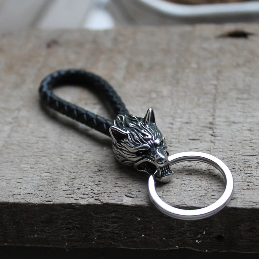 316L stainless steel Viking wolf keychain leather car Automobile Men's waist buckle key chain Werewolf Keychain Ring Keybob