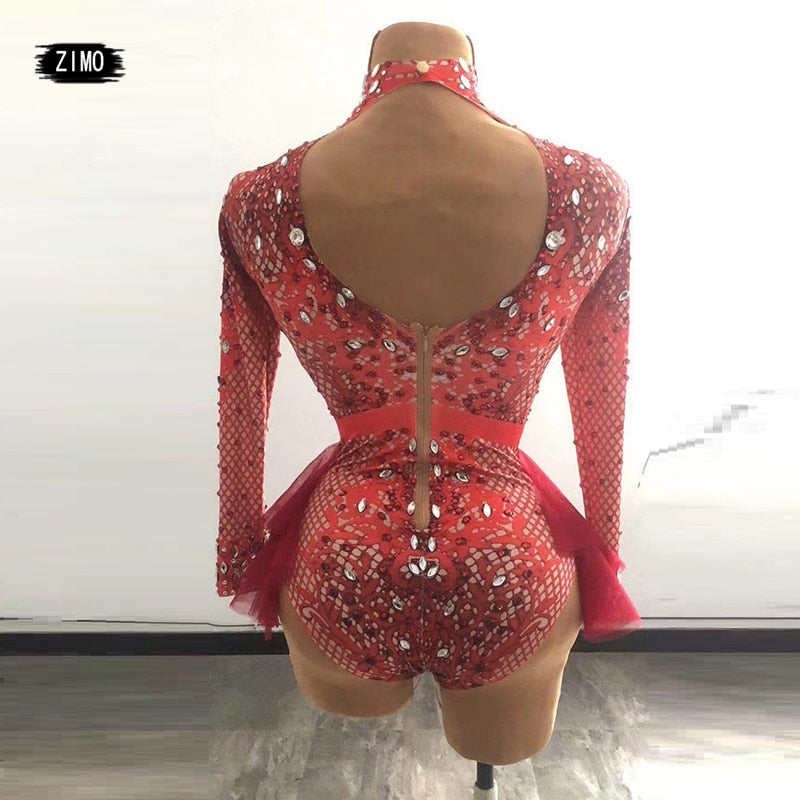 fashion Rhinestone pink red Ruffle Bodysuit Women Big Stretch nightclub Prom Bar concert costume Stage Singer Show dance Leotard