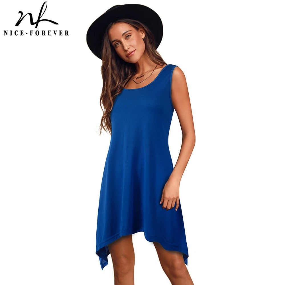 Nice-forever Casual Pure Color with irregular hem Dresses Loose Women Shift Summer Dress 413