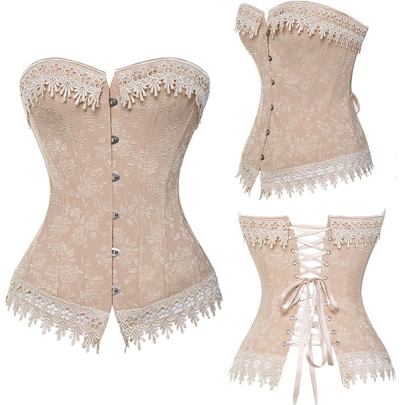 Lace Up Corsets Bustiers Overbust Waist Trainer Embroidery Sexy Boned White Beige Corset Burlesque Costumes Corselet Halloween