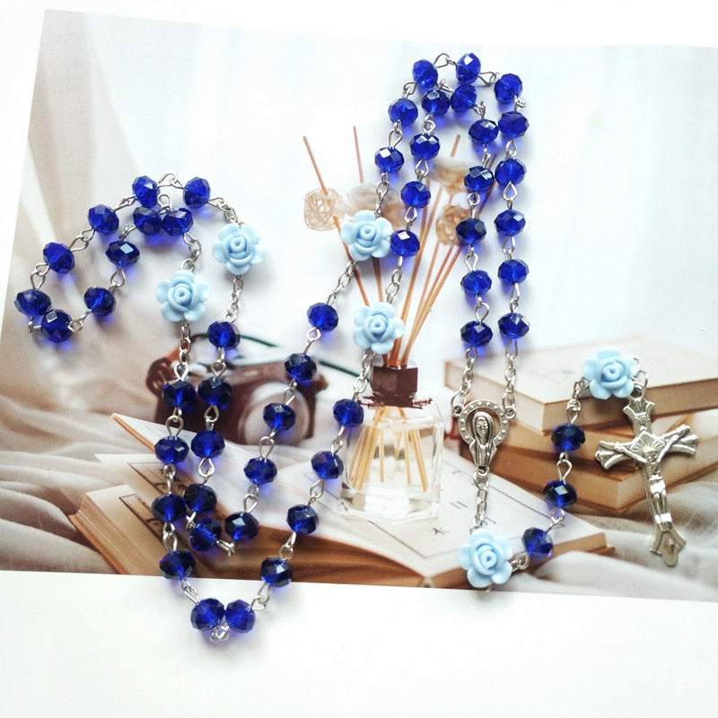 QIGO Pink Rose Crystal Rosary Necklace Catholic Vintage Cross Pendant Long Necklace Religious Jewelry