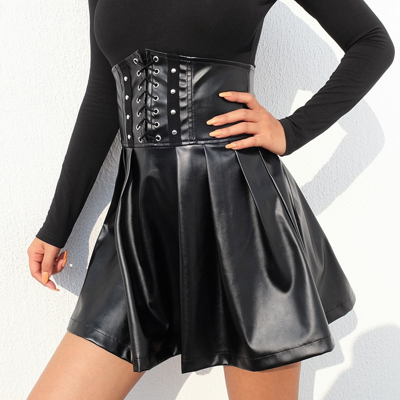 InsDoit Gothic Black Summer Skirts Women Streetwear Faux Leather Vintage Sexy High Waist Skirt Zipper Bandage Punk Fashion Skirt