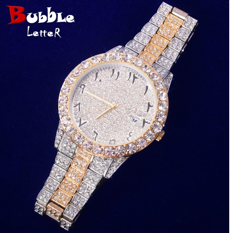 Bubble Letter Watch Ice Big Dial Military Quartz Day Date Luxury Rhinestone Waterproof Relogio Masculio