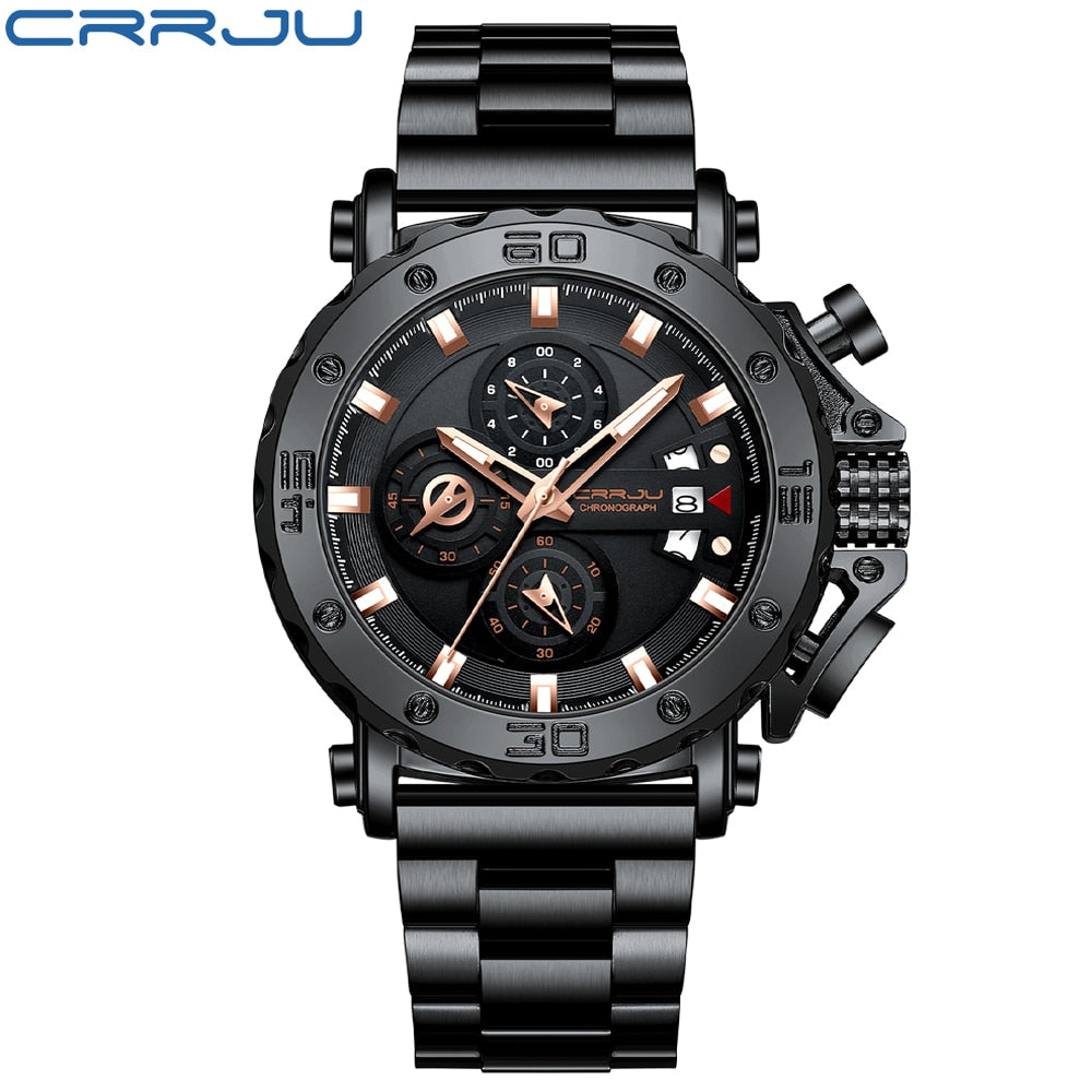 CRRJU Watch for Men Top Brand Luxury Big Dial Stainless Steel Waterproof Chronograph Wristwatches with Date Relogio Masculino