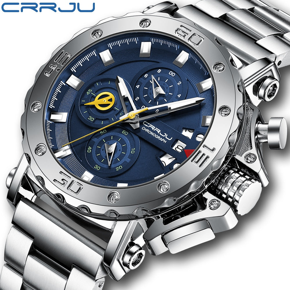 CRRJU Watch for Men Top Brand Luxury Big Dial Stainless Steel Waterproof Chronograph Wristwatches with Date Relogio Masculino