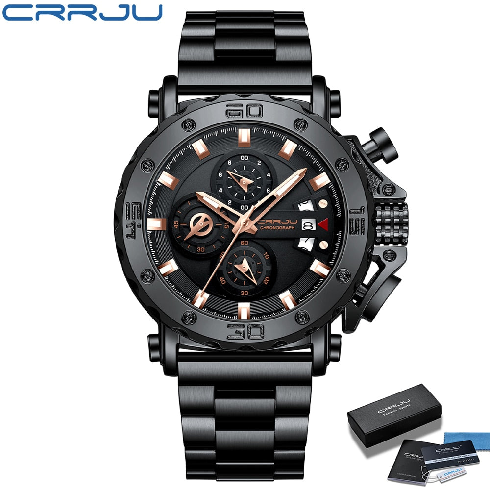 CRRJU Watch for Men Top Brand Luxury Big Dial Stainless Steel Waterproof Chronograph Wristwatches with Date Relogio Masculino