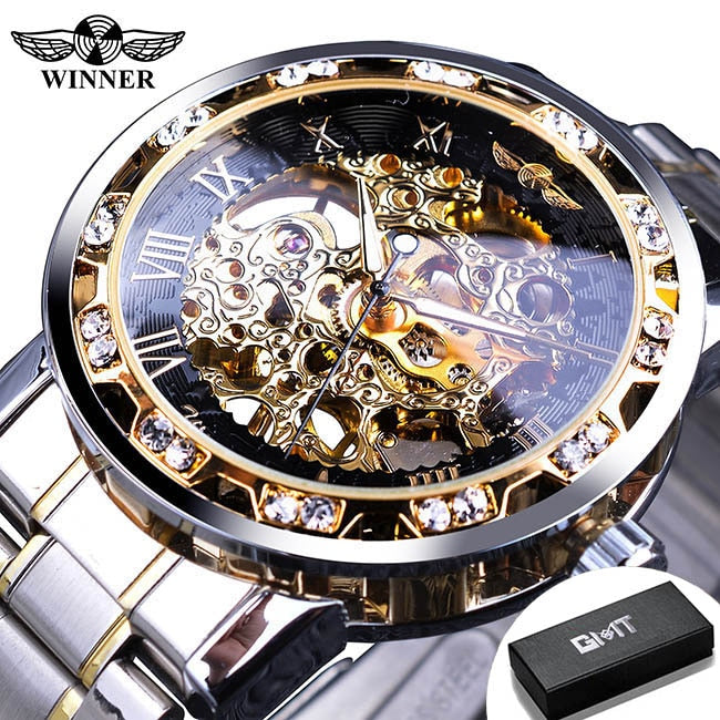 Winner Transparent Fashion Diamond Luminous Gear Movement Royal Design Men Top Brand Luxury Male Mechanical Skeleton Wrist Watch