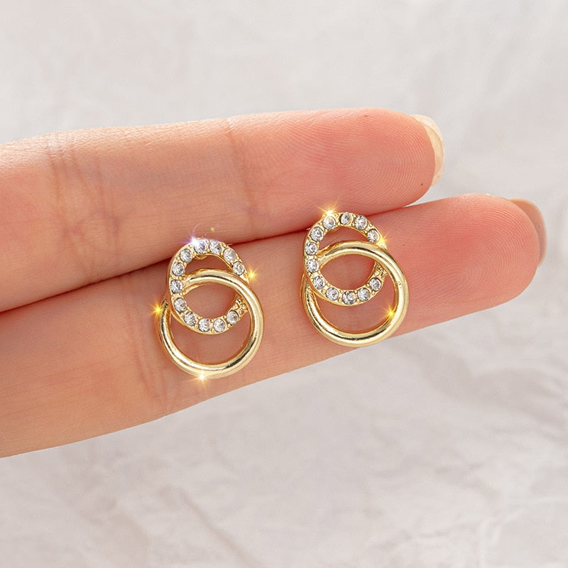 2021 Korean Simple Double Circle Gold Color Metal Rhinestone Drop Earrings For Women Fashion Small Pendientes Jewelry Gifts