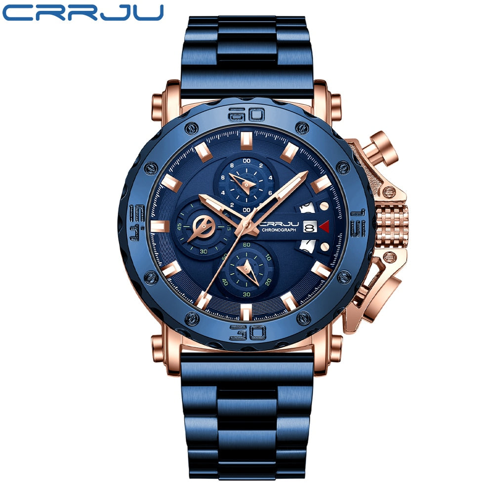 CRRJU Watch for Men Top Brand Luxury Big Dial Stainless Steel Waterproof Chronograph Wristwatches with Date Relogio Masculino