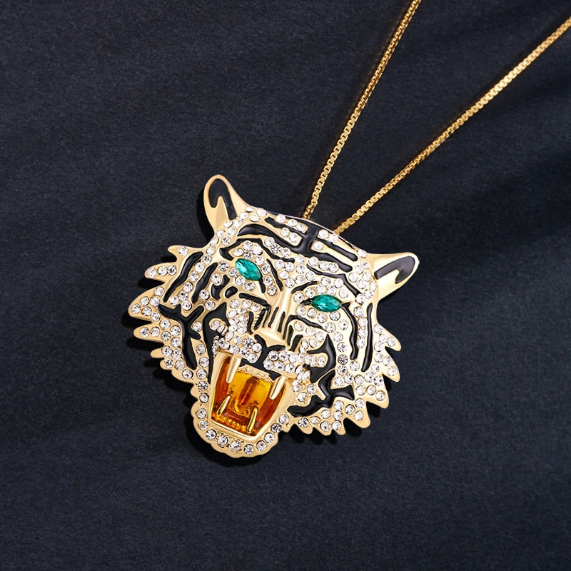 Wuli & baby Rhinestone Roaring Tiger Brooches Women Men Big Tiger Head Party Casual Brooch Pins Gifts