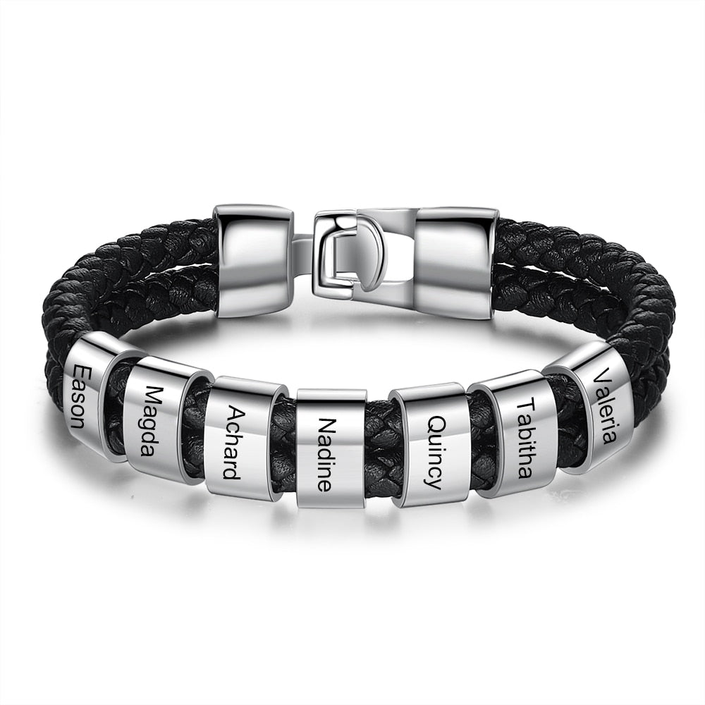 JewelOra Personalized Engraved Family Name Beads Bracelets Black Braided Leather Stainless Steel Bracelets for Men Fathers