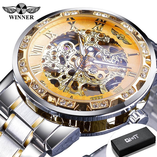 Winner Transparent Fashion Diamond Luminous Gear Movement Royal Design Men Top Brand Luxury Male Mechanical Skeleton Wrist Watch