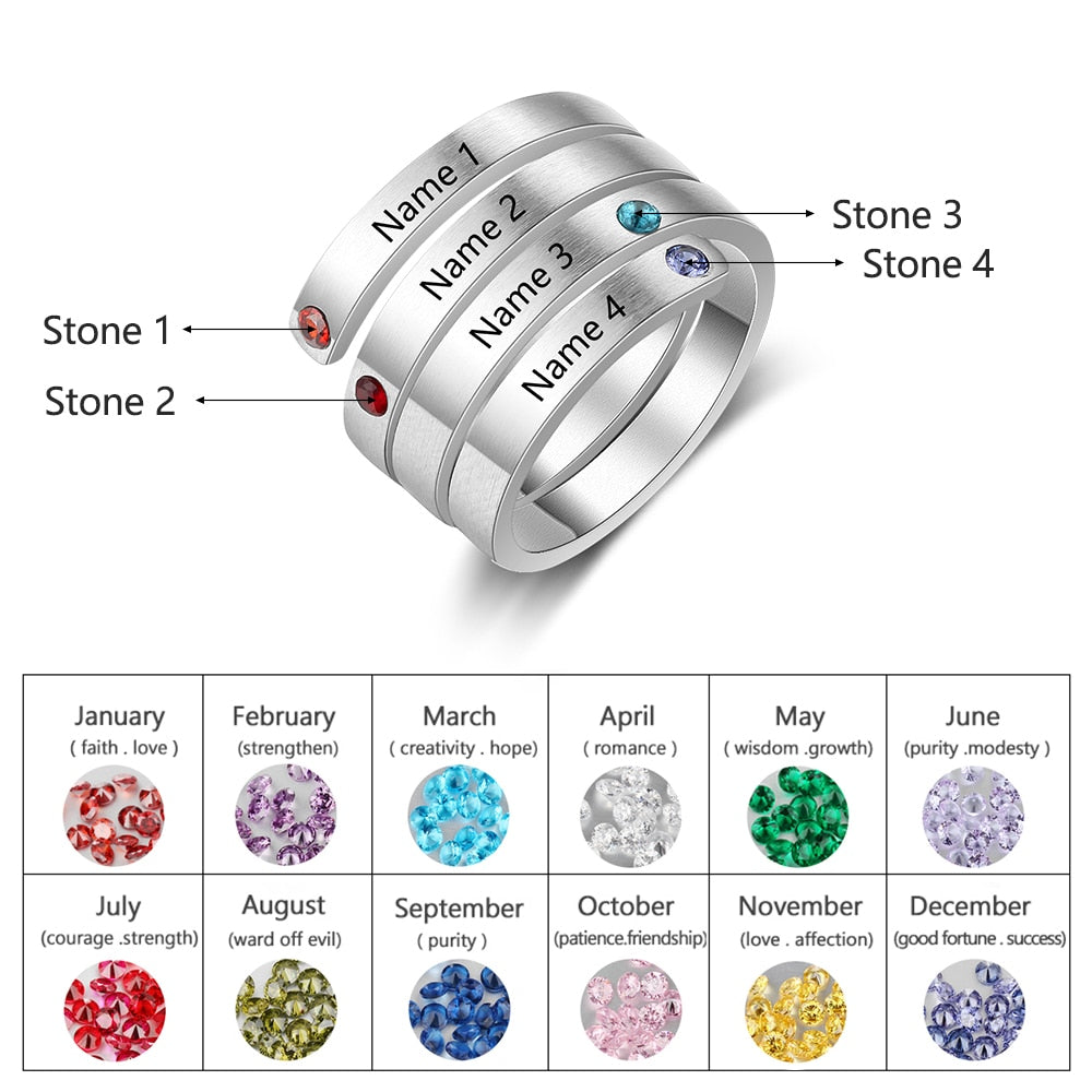 JewelOra Personalized Mothers Rings Custom Name Birthstone Wrap Rings for Women Engraved Jewelry Anniversary Gifts for Mom