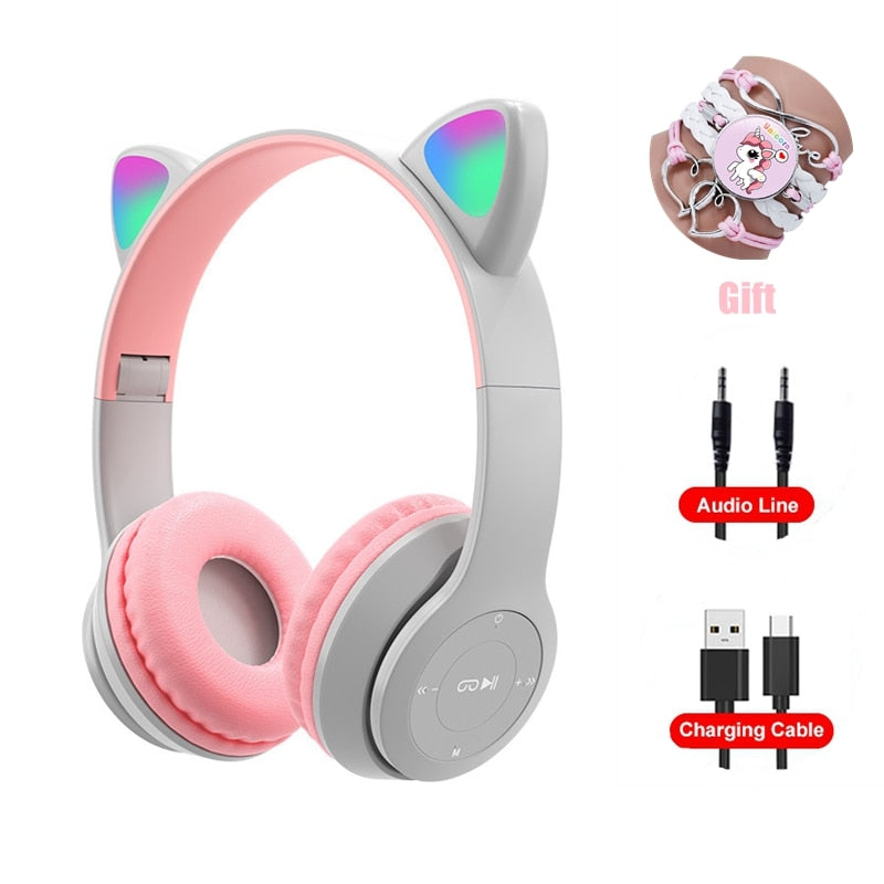 Pink Girl Wireless Headphones RGB Cute Cat Ears Headset With Microphone Noise Cancelling Kid Stereo Music casco Children&#39;s Gifts