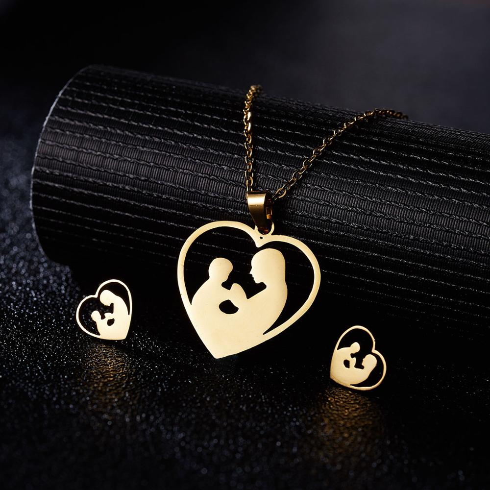 Rinhoo Mother&#39;s Day Jewelry Set Gift Stainless Steel Mama Love Heart Rose Flower Pendant Necklace Earrings Mom Thanksgiving Gift