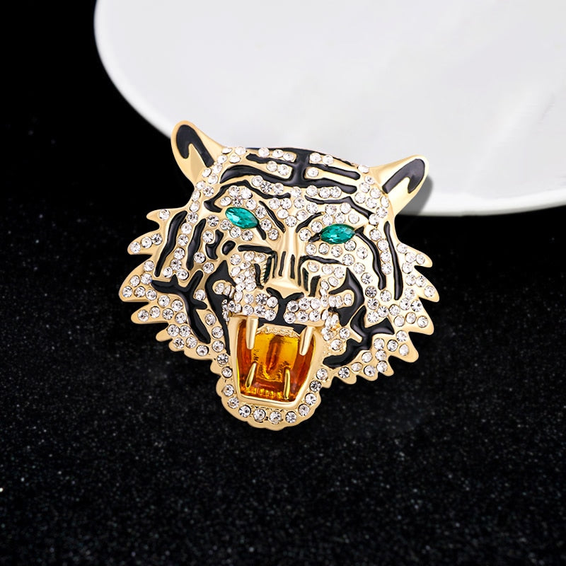 Wuli & baby Rhinestone Roaring Tiger Brooches Women Men Big Tiger Head Party Casual Brooch Pins Gifts