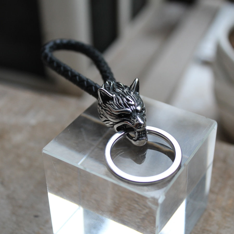 316L stainless steel Viking wolf keychain leather car Automobile Men's waist buckle key chain Werewolf Keychain Ring Keybob