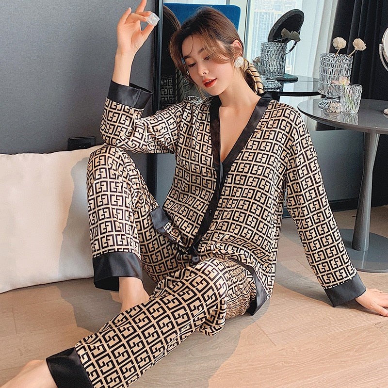 Pajamas Suit Women Satin Print Nightwear Casual 2PCS Pyjamas Set Sleepwear V-Neck Intimate Lingerie Nightgown Comfy Home Wear