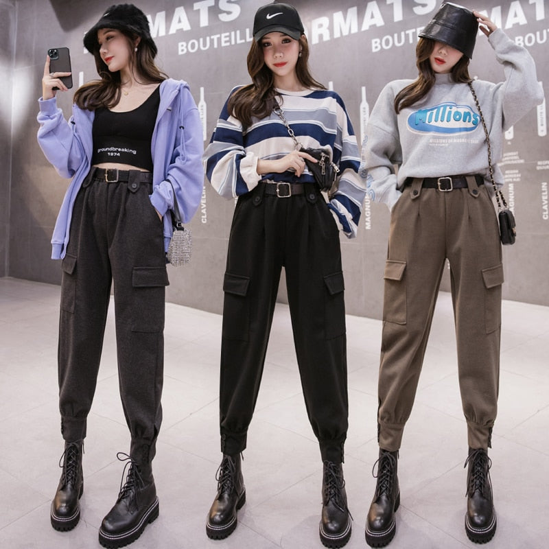 2022 Streetwear Cargo Pants Women Harajuku Winter Woolen Warm Ladies Trousers Stretch High Waist Harem Pants Gray Black Khaki
