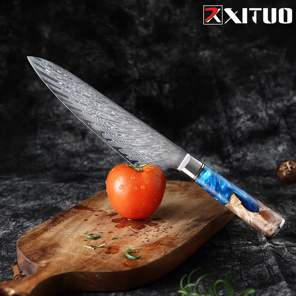 XITUO Damascus Steel Japanese VG10 Chef Knife Paring Fruit Vegetable Kitchen knife Blue Resin Color Wood Handle Cooking Tool