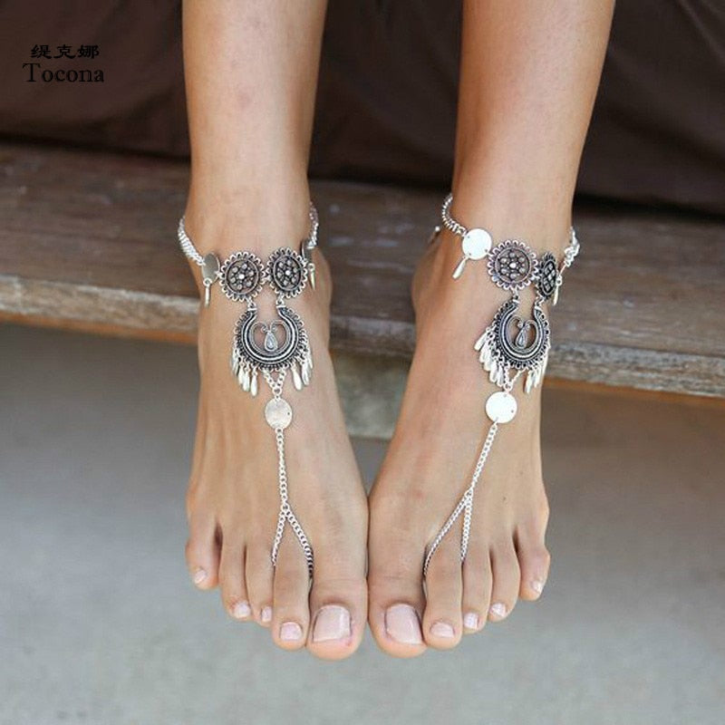 Tocona Vintage Silver Color Foot Chain Bohemian Tassel Anklets for Women Barefoot Sandals Summer Jewelry Drop Shipping 3544