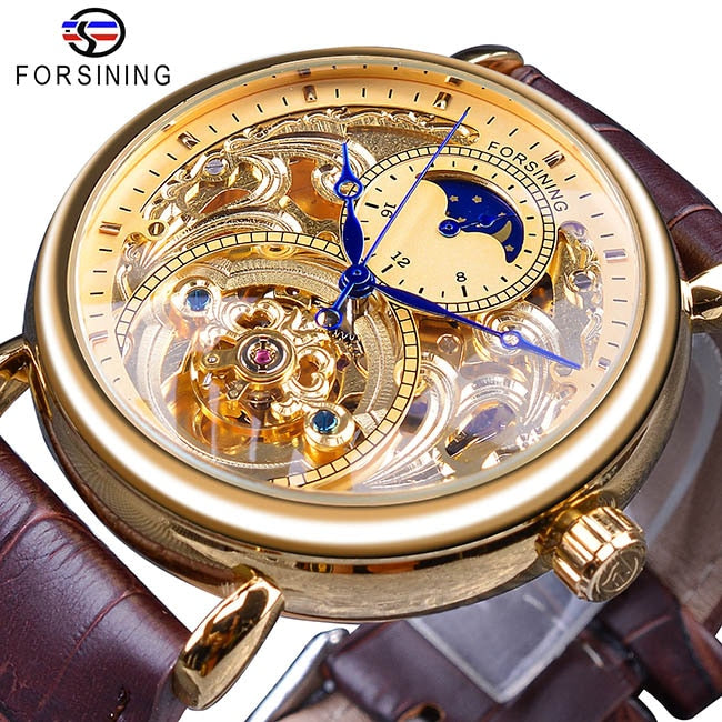 Forsining 2018 Royal Golden Skeleton Display Blue Hands Brown Genuine Leather Belt Mens