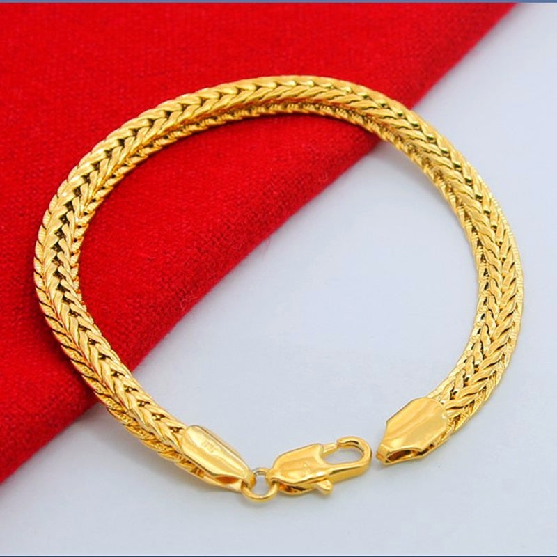 wholesale Pure Gold Color 6.5MM Width Bracelet For Men 20CM.Fashion Original Gold Plated Women men&#39;s Jewelry Bracelet