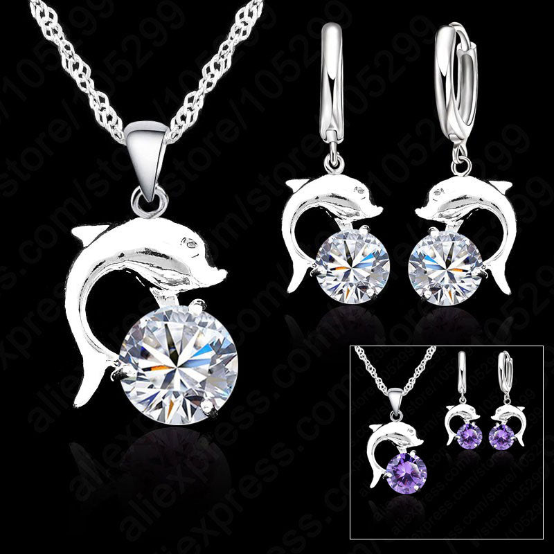 Hot Sale Cute Lovely Dolphine Lever Back Earring Necklace Sets 925 Sterling Silver White Purple CZ Stone Crystal Jewelry