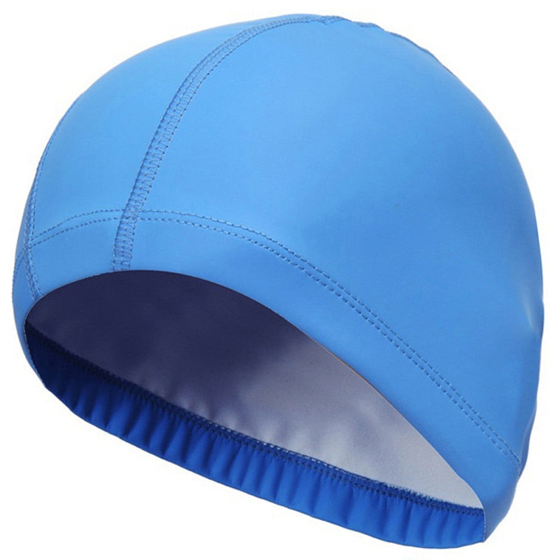 2021 Elastic Waterproof PU Fabric Protect Ears Long Hair Sports Swim Pool Hat Swimming Cap Free size for Men &amp; Women Solid Color