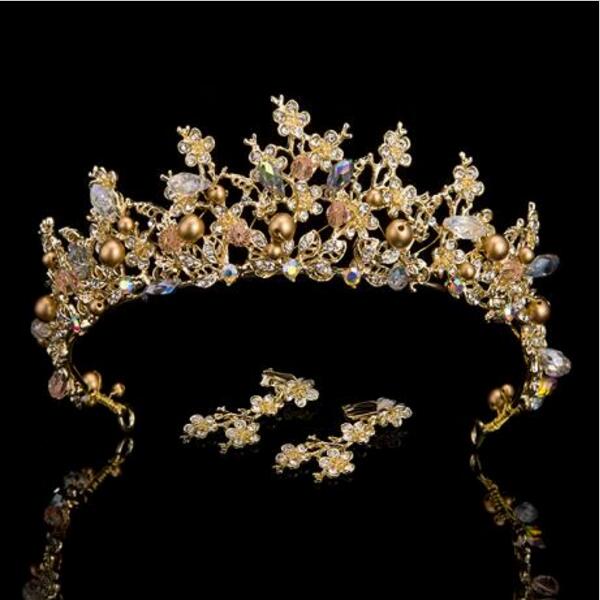 Brides Hair Jewelry Baroque Handmade Beaded Pink Gold Color Crowns Crystal Tiara Sweet Princess Tiaras Wedding Hair Accessories