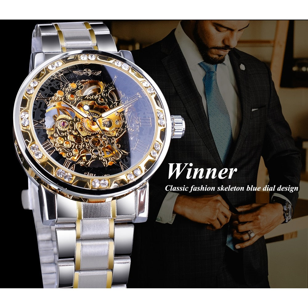 Winner Transparent Fashion Diamond Luminous Gear Movement Royal Design Men Top Brand Luxury Male Mechanical Skeleton Wrist Watch