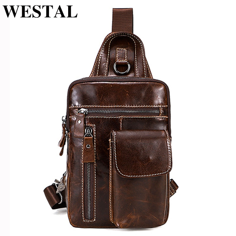 WESTAL genuine leather men&#39;s sling chest bag messenger bag men&#39;s shoulder bags travel daypack summer designer crossbody bags