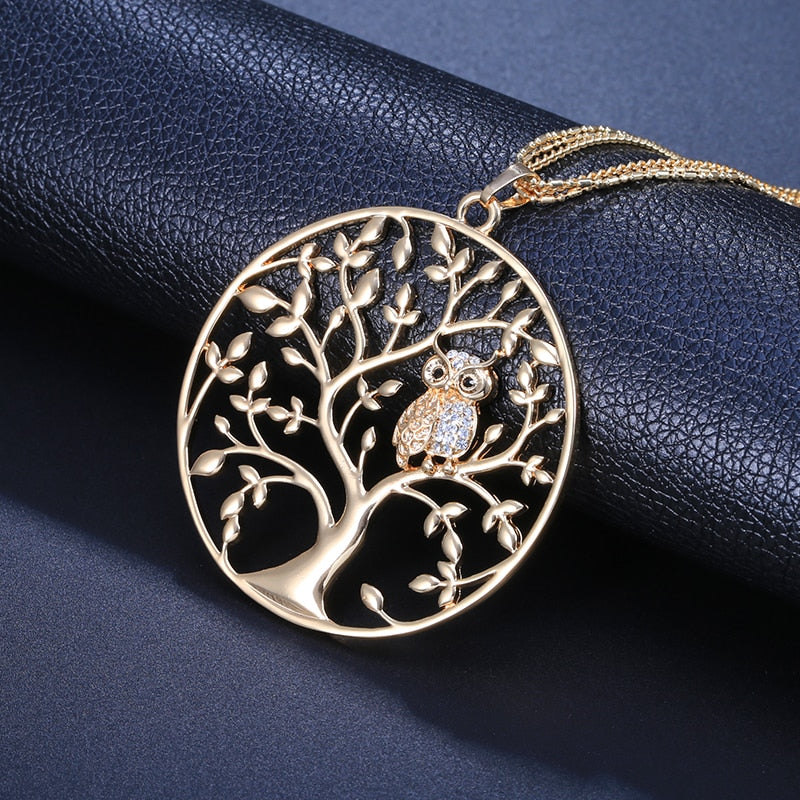 Gold Silvery Owl Necklaces for Women female Statement Jewelry Gift Big Tree Of Life Pendant Layered Chain Long Necklace 2020