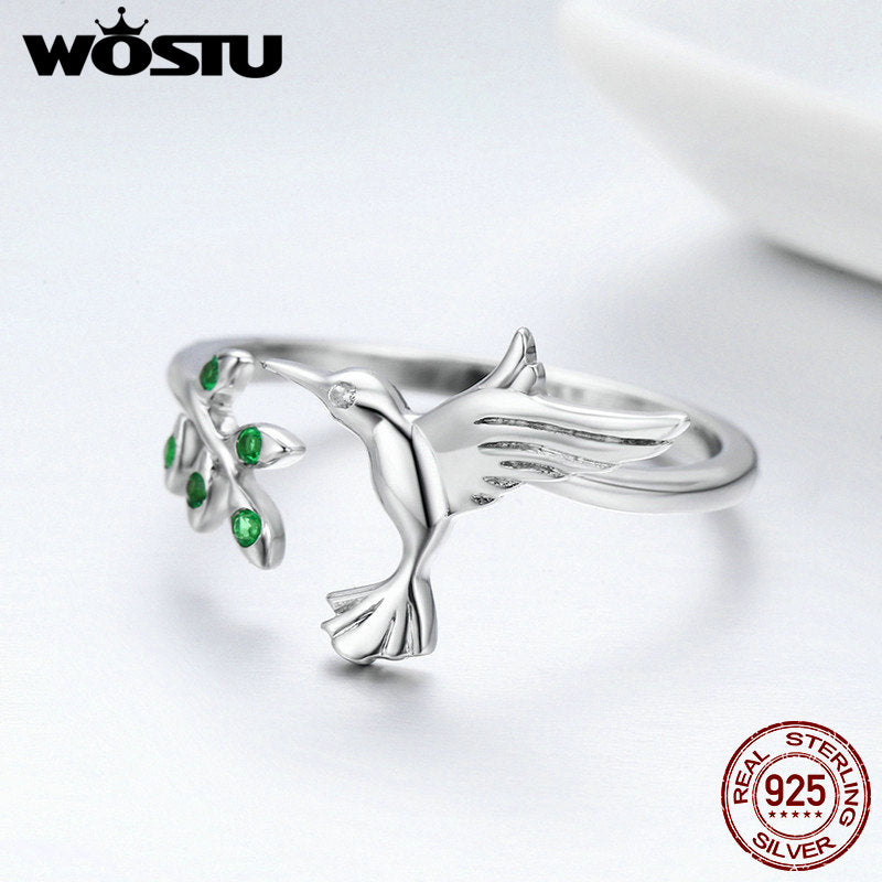 WOSTU Authentic 925 Sterling Silver Hummingbird &amp; Leaves Ring For Women Nature Style S925 Silver Jewelry Gift CQR323