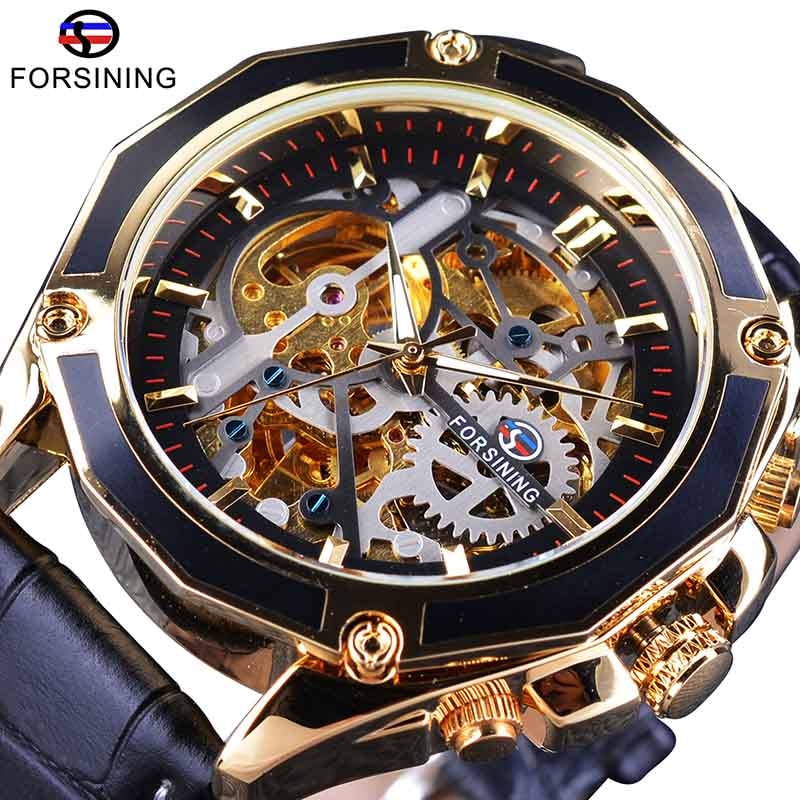 Forsining 2018 Royal Golden Skeleton Display Blue Hands Brown Genuine Leather Belt Mens